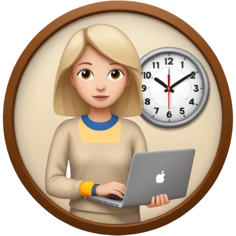 I like the 4th image. Now, make the same woman leave work with her laptop in hand. Add a round clock behind her on the wall. She is wearing a beige sweater.  emoji