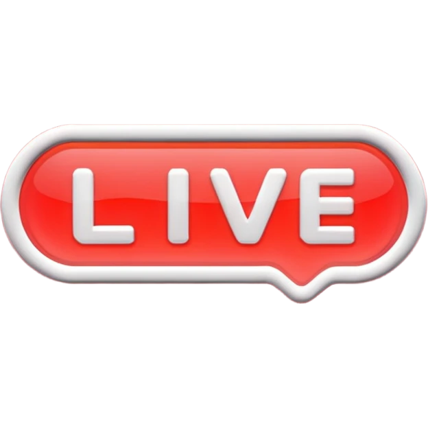 "LIVE" text badge, bold white letters on neon red rounded rectangle background, soft red glow, modern broadcast indicator style, Twitch/YouTube live aesthetic, black background emoji