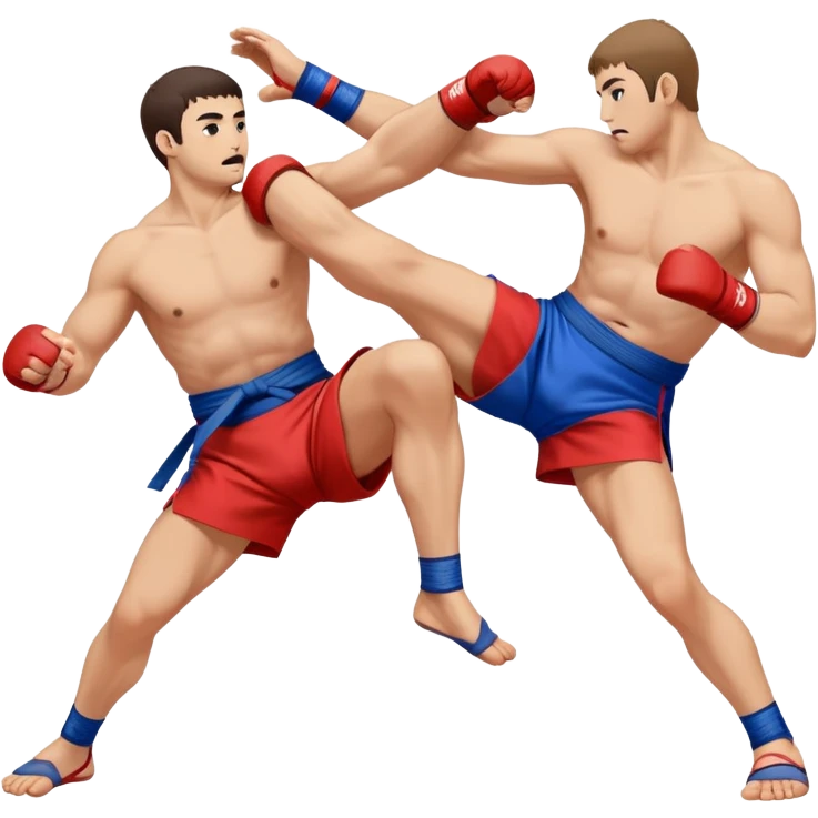 An icon symbolizing Sambo, featuring two fighters in blue and red kimonos with shorts and wrestling shoes. One executes a powerful throw, while the other attempts a defensive grab. The fighters are engaged in a grapple, using joint locks and sweeps.  emoji