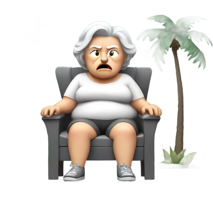 An angry old looking , short fat white lady with grey  hair , with a cigarette in her mouth ,sitting outside next to palm trees , on a grey small plastic chair emoji