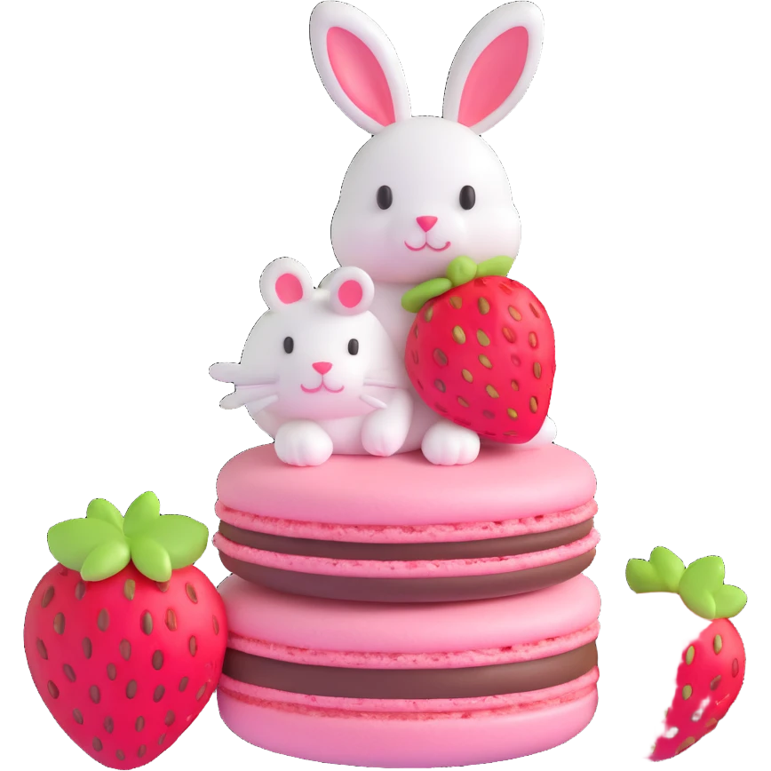 A 3D macaron with a strawberry on top and a bunny peeking out, vibrant colors emoji