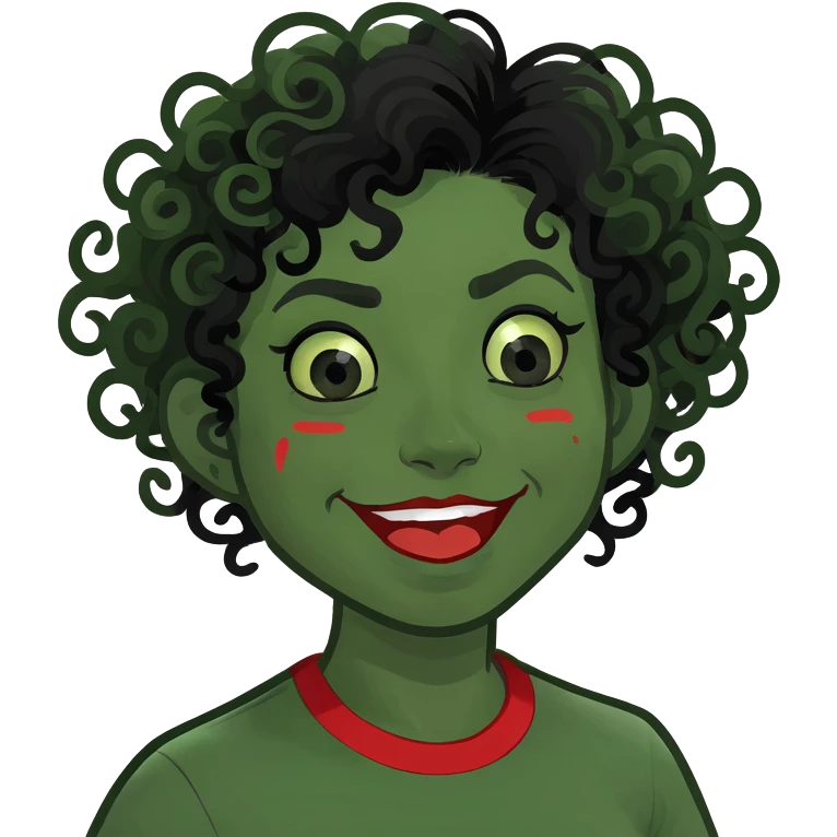 zombie girl with curly black hair and red streaks, memoji style, fun expression emoji