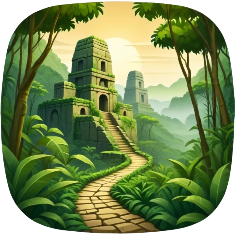 Icon for Adventure Movie: A vintage movie poster-style design with a jungle clearing path, dense foliage surrounding it. In the distance, ancient ruins peek through the trees. The atmosphere is mysterious and adventurous, with soft light cutting through the trees. Transparent background. emoji