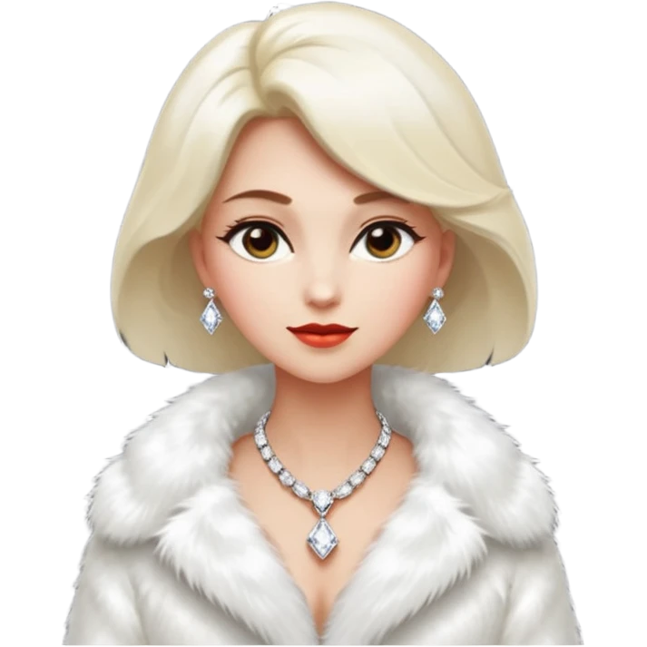 * Character: A stylish lady
* ﻿﻿Clothing: A luxurious white fur coat
* ﻿﻿Accessories: A dazzling diamond necklace
* ﻿﻿Expression: Confident, elegant, maybe slightly glamorous
* ﻿﻿Pose: Head slightly tilted or a poised posture
* ﻿﻿Style: Emoji-like, simple but expressive emoji