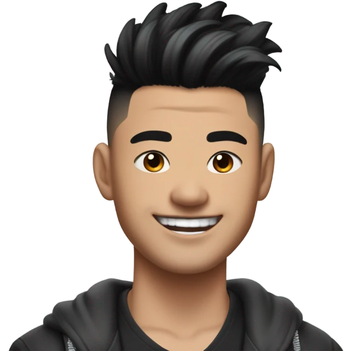 Hot East Asian man with a fluffy low taper fade with texture, a nice smile and dimples, a neck tattoo, an eyebrow piercing on the right eyebrow and ear piercings  emoji