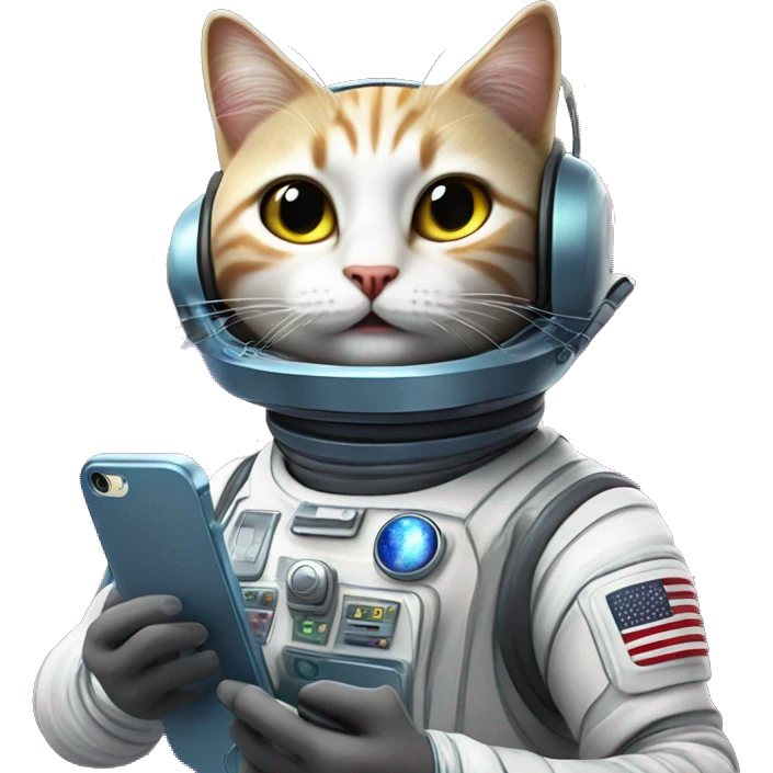 a space cat making a call with a cellphone, it wears space laser powered helmet and fancy space accessories  emoji