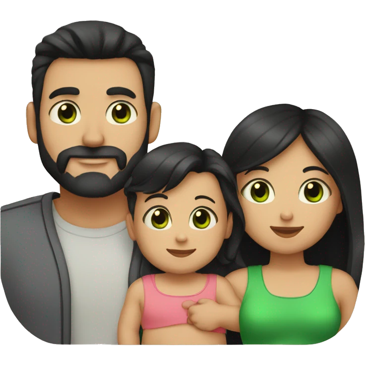 dad with black beard, white skin mom with long straight black hair and green eyes, and small baby with black hair emoji