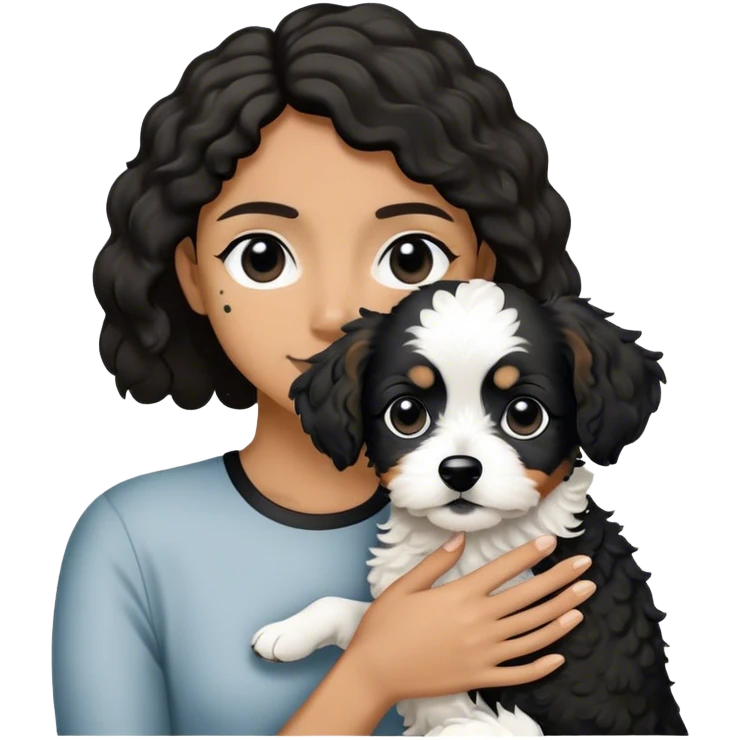 Person holding black and white jackapoo, dog had black ears and black circles around eyes emoji