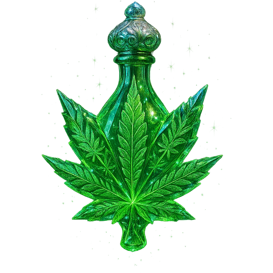 luxurious crystal elixir bottle in the shape of a cannabis leaf or with cannabis motifs, vibrant green color, ornate silver and iridescent details, very small neck, seamless bottom, magical glowing and sparkling effects, bottle clearly floating in air, no base or shadow, modern, collection style, transparent background emoji