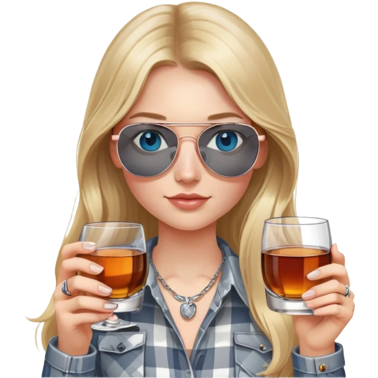 girl with long blond hair, wearing grey/white plaid shirt, with blue eyes and aviator sunglasses, wearing a ring on her silver necklace around her neck, holding a glass of whiskey, wearing rose gold apple watch emoji