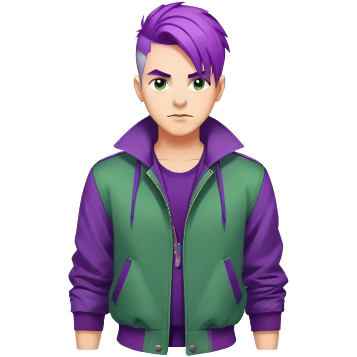Man with stylish green jacket and purple hair, strong pose, bold expression, modern clothing style emoji
