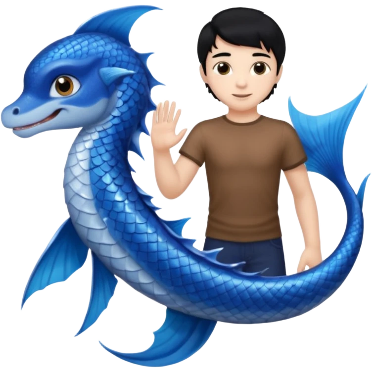 boy, black hair, brown eyes, white skin, Triton, with Triton in hand and blue Triton tail on the side. emoji