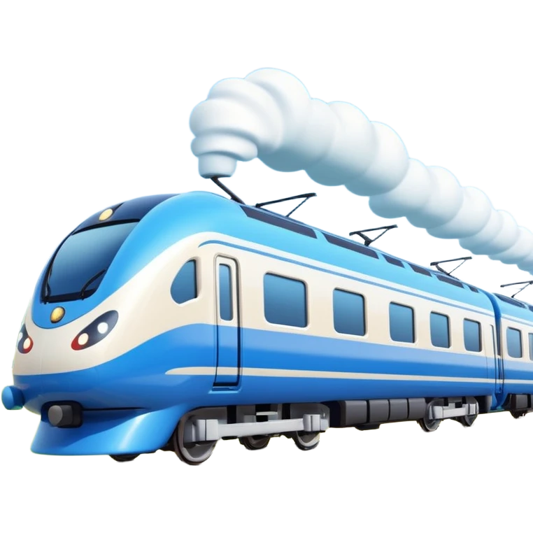 A 3D cartoon sleek white bullet train on tA 3D cartoon passenger train with blue carriages and visible windows, moving through countryside, Memoji-style.racks, high-speed motion blur, clean lighting, Memoji-style realism. emoji