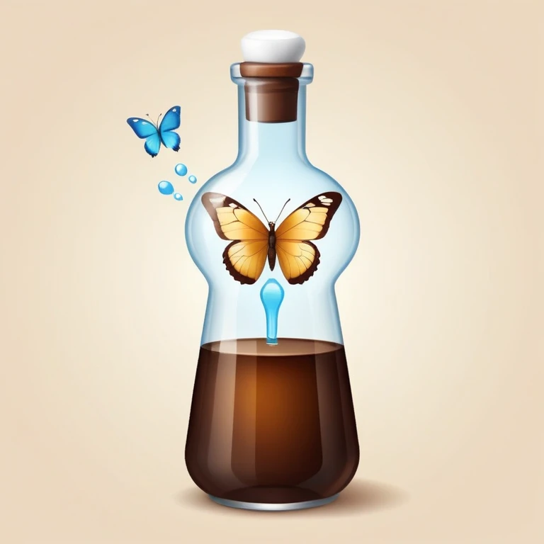 Small dark brown bottle with white cap floating next to a bright translucent butterfly-shaped thyroid icon, representing connection with metabolism and hormonal system emoji