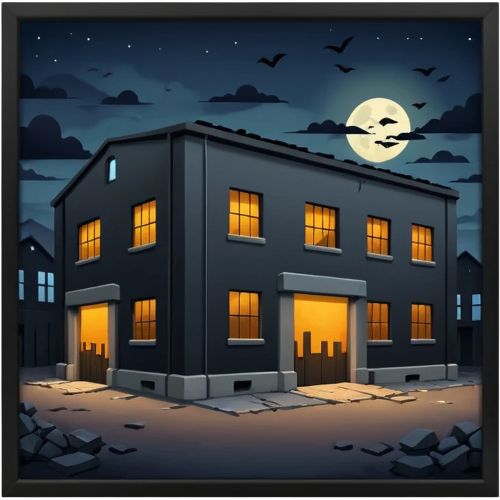 cinematic realistic ultra HD - a warehouse in a secluded place, at night with broken walls emoji
