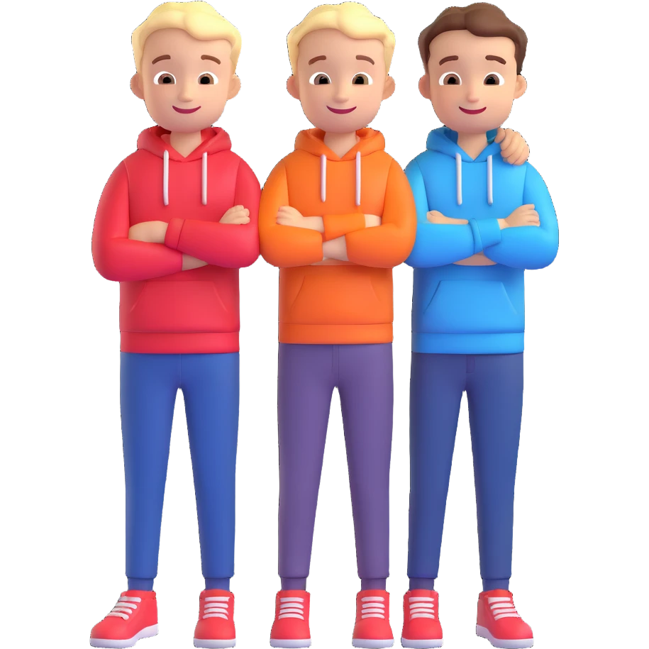 Two cartoon-style 2 boys with similar features, arms around each other's shoulders, smiling, matching outfits, standing close, white background, emoji style emoji