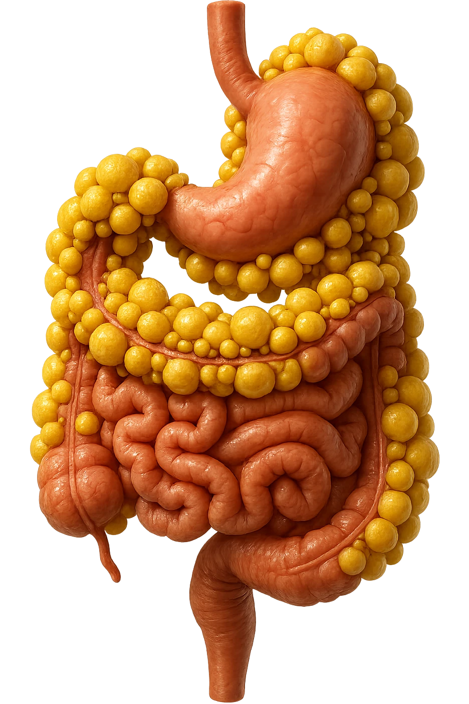 STOMACO E INTESTINO SONO VERTICALMENTE COLLEGATI E INTORNO A QUESTI ORGANI CI SONO CELLULE DI GRASSO GIALLE ATTACCATE SOPRA A GRAPPOLI, IPERREALISTICO 4K emoji