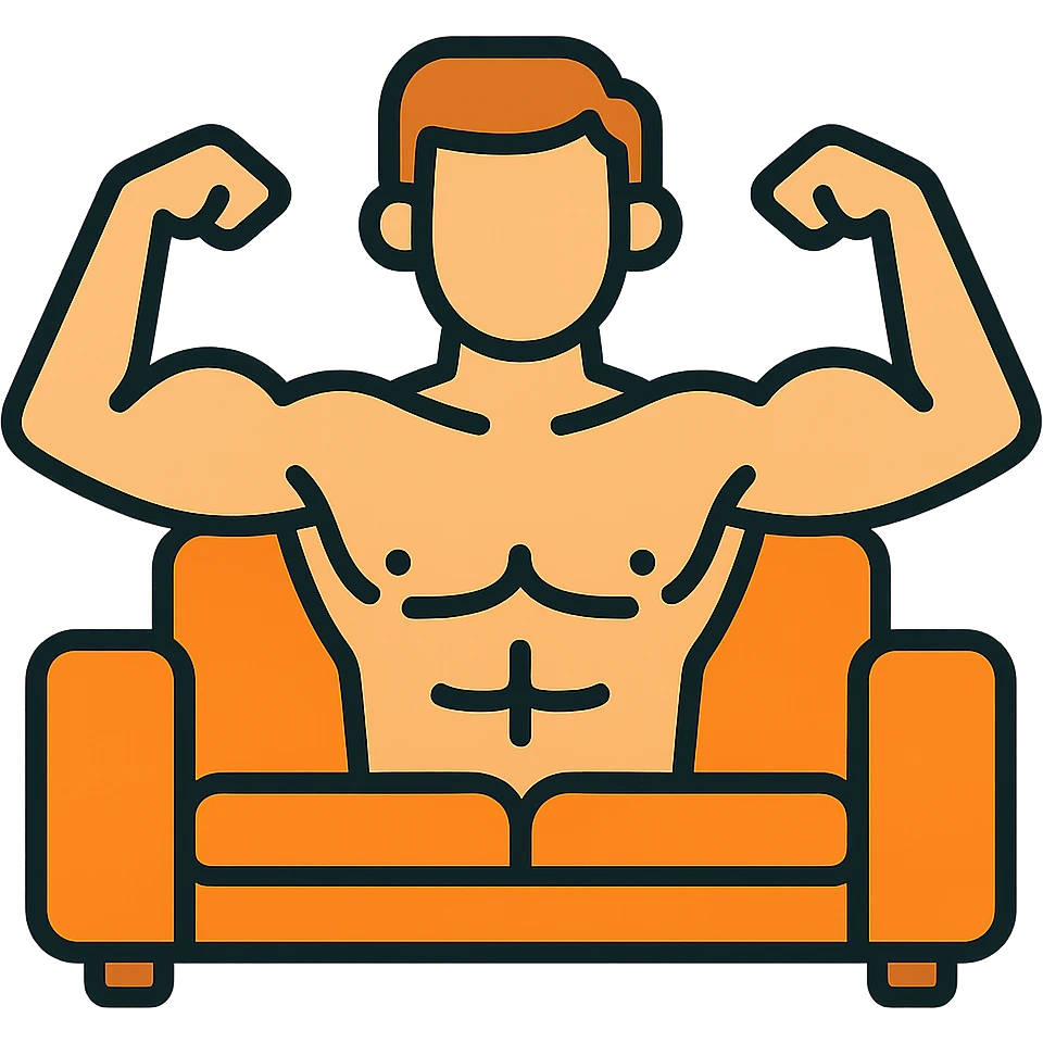 Make the muscular man shirtless, sitting on a couch, keep the color outline icon style, with no background. emoji
