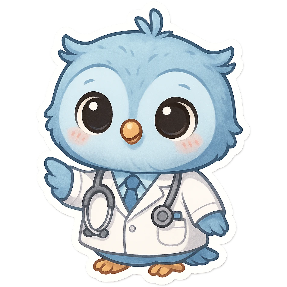 blue baby owl animated, wearing doctor uniform, adorable and cute style emoji