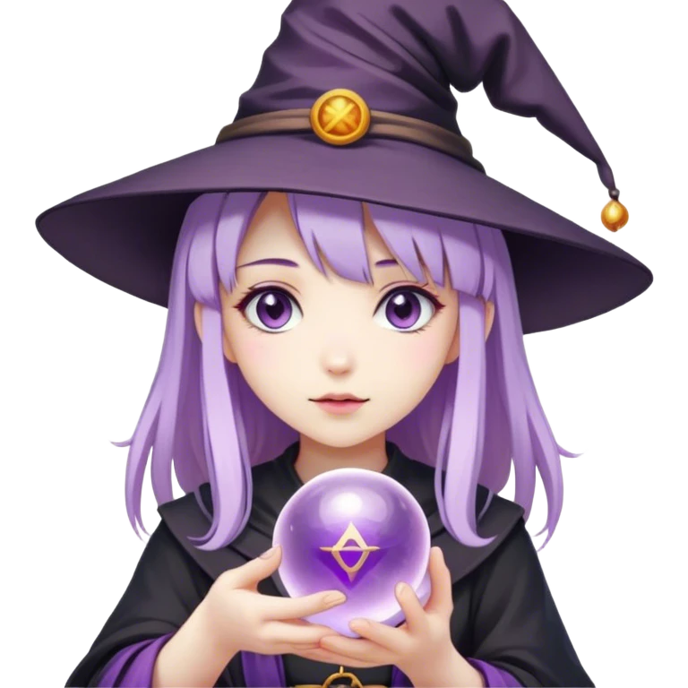 anime girl with lilac hair in a witch hat holding a fortune ball emoji