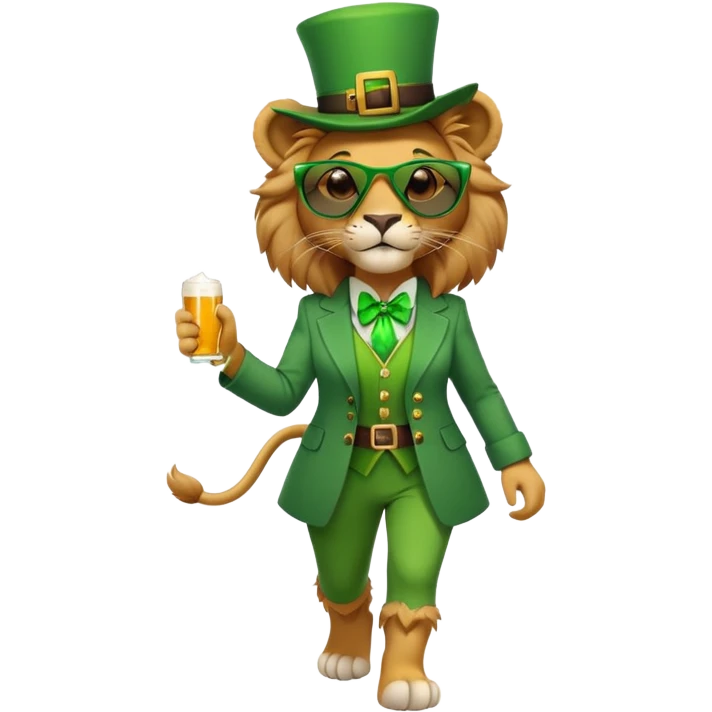 friendly anthropomorphised female lion dressed for St. Patrick's Day in green outfit with festive accessories, dark sunglasses, walking upright with confident stride emoji