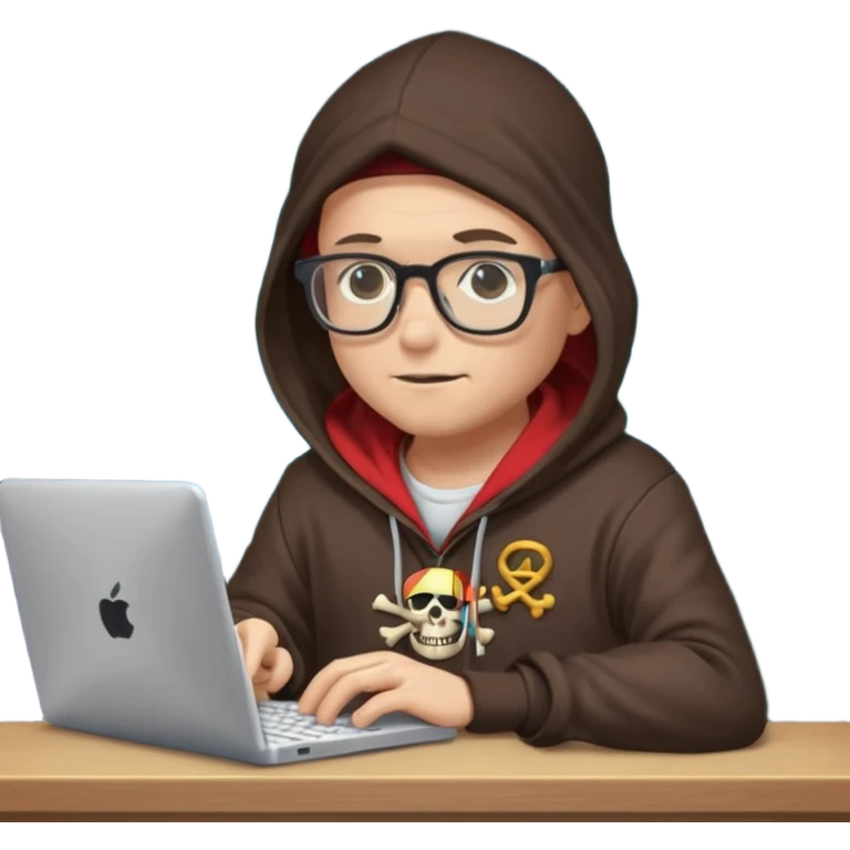 pirate with glasses and a hoodie, typing on a computer, surrounded by code, fun and quirky emoji