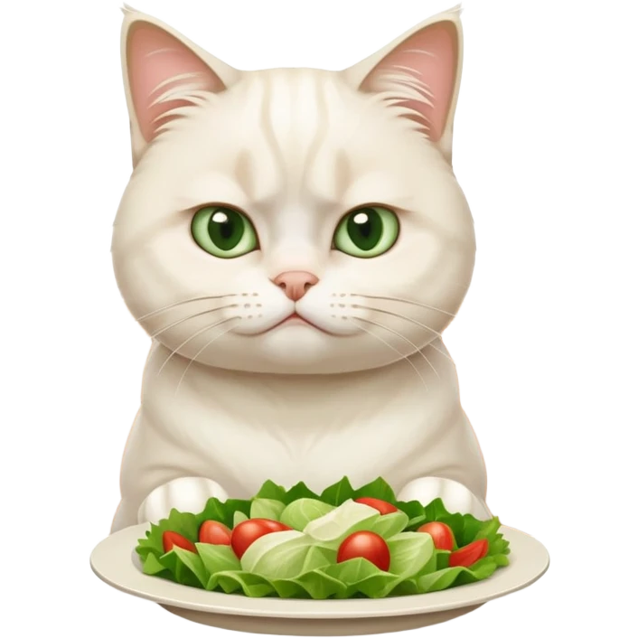 grumpy white cat sitting at a table, looking confused with its ears slightly back. In front of the cat is a plate with a salad emoji