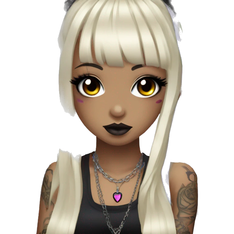 hime gyaru girl, long black hair with rainbow fringe, tattoos, dark makeup, goth grunge clothes emoji