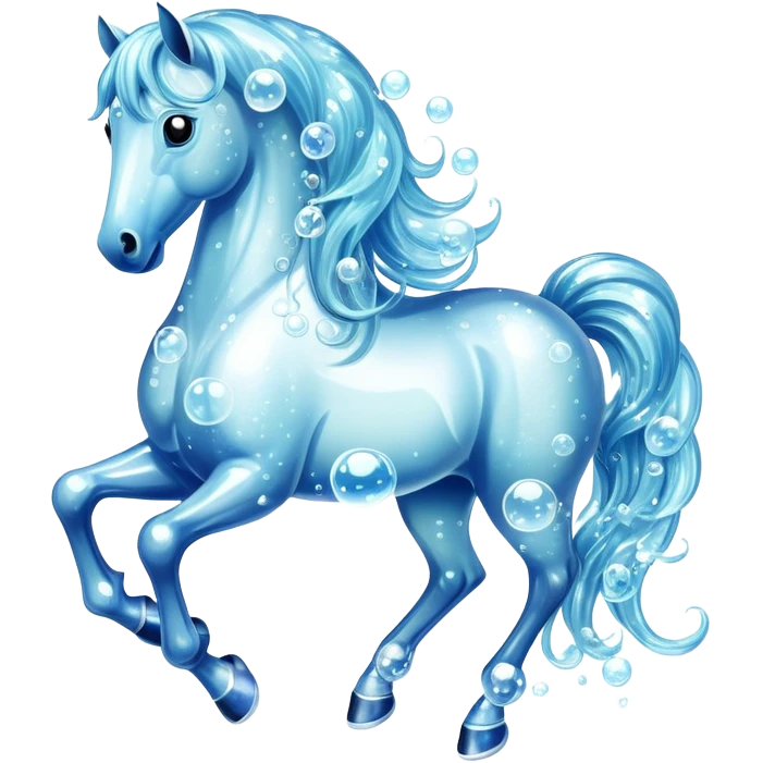 A magical horse made entirely of transparent bubbles and water, with a flowing mane of small bubbles emoji