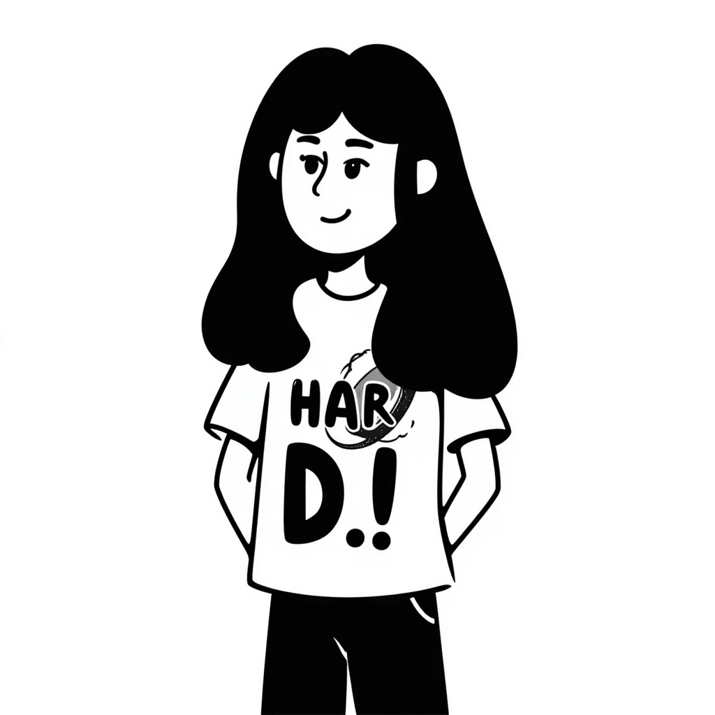 A person with long black hair, wearing a heavy metal band shirt, with a cool smirk on their face emoji