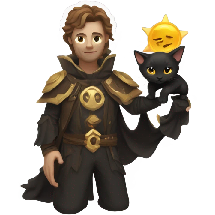 A sun warlock who is pale with brown hair and is holding a black kitten emoji