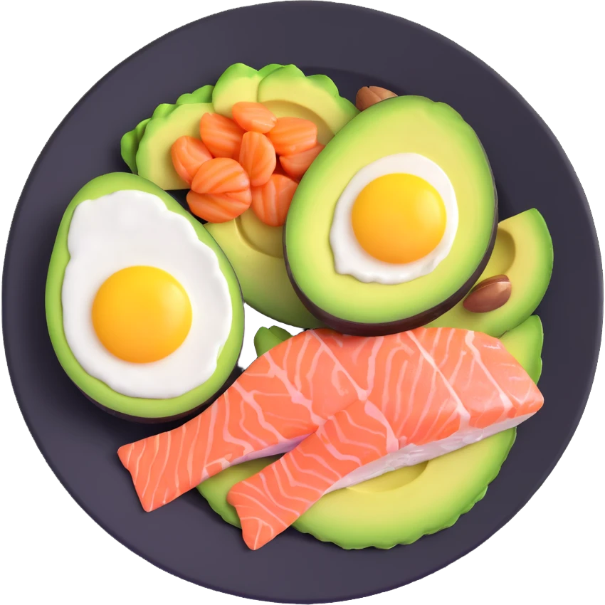 plate with typical keto foods: avocado, eggs, salmon, and nuts emoji