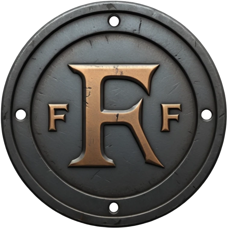 Minimal emoji, gothic metal coin made of black steel, engraved number f at the center, ancient industrial aesthetic, worn metal texture, no glow, no neon, flat emoji design, centered, transparent background emoji