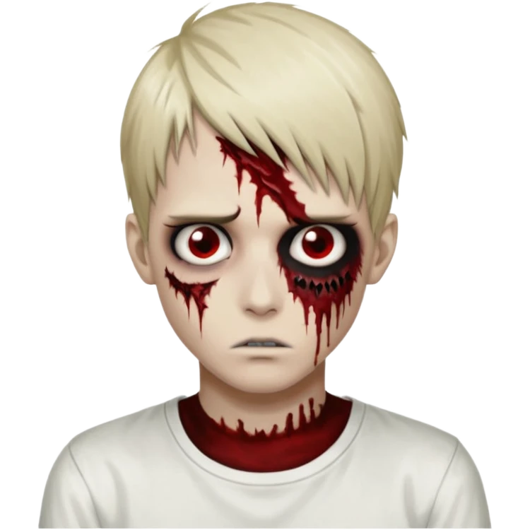 zombie boy, hair looks like L of Death Note, black background, bloodstained white shirt, emo, dark circles eyes emoji
