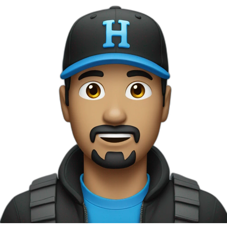 Black haired man with goatee, no mustache, black cap with blue H logo emoji