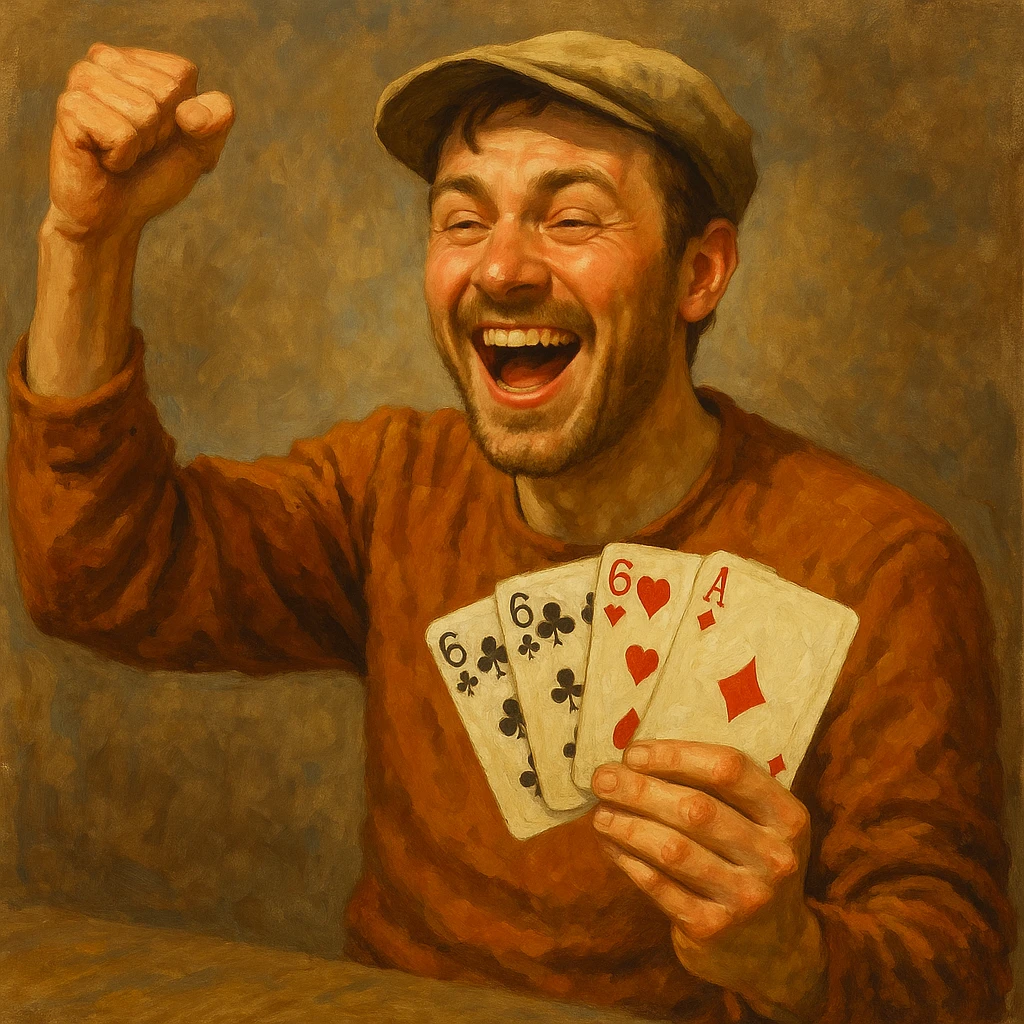 a durak card player, celebrating a win, cards in hand, cheerful emoji
