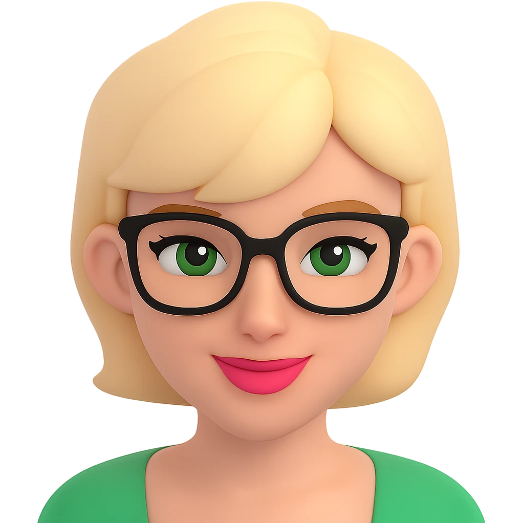 Add stylish glasses to the woman with thick blonde short hair and green eyes in a 3D emoji style. Keep the 3D emoji look consistent and remove the background. emoji