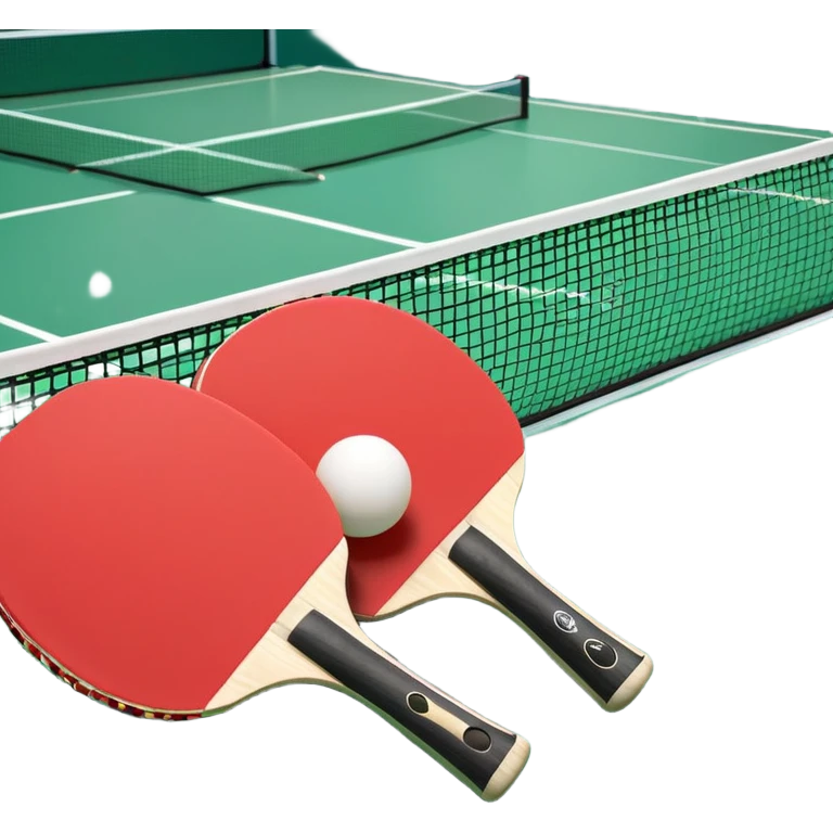 Two table tennis paddles and a ball placed on a ping pong table, with the net in the background. The scene conveys the simplicity and focus of the sport, with vibrant colors highlighting the rackets and ball on the smooth surface of the table. emoji