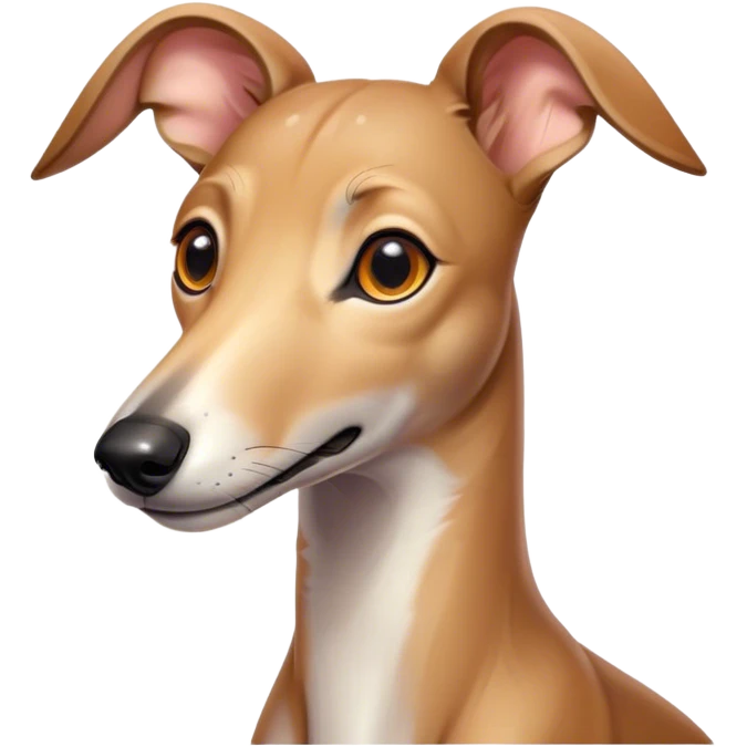 Cinematic Cute Fawn Greyhound Portrait Emoji, Head tilted playfully and inquisitively, featuring a sleek fawn Fur with a gentle sheen, round, sparkling eyes filled with curiosity, Simplified yet irresistibly adorable features, highly detailed, glowing with a warm, friendly glow, high shine, affectionate and nimble, stylized with a touch of whimsy, bright and endearing, soft glowing outline, capturing the essence of a mischievous yet loving racer, so playful it feels like it could sprint out of the screen and into your arms! emoji