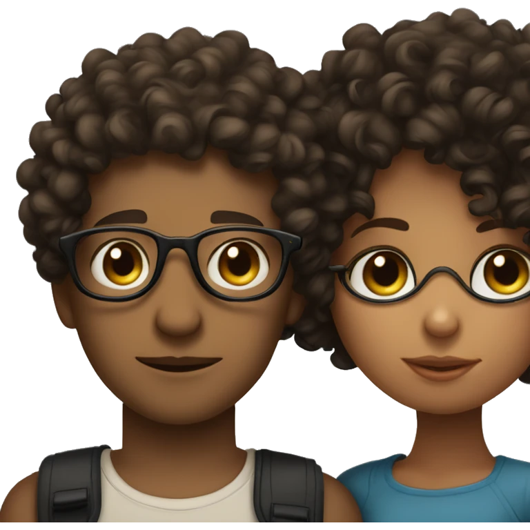 Curly haired boy with dark brown curls kissing a curly haired girl with black glasses emoji