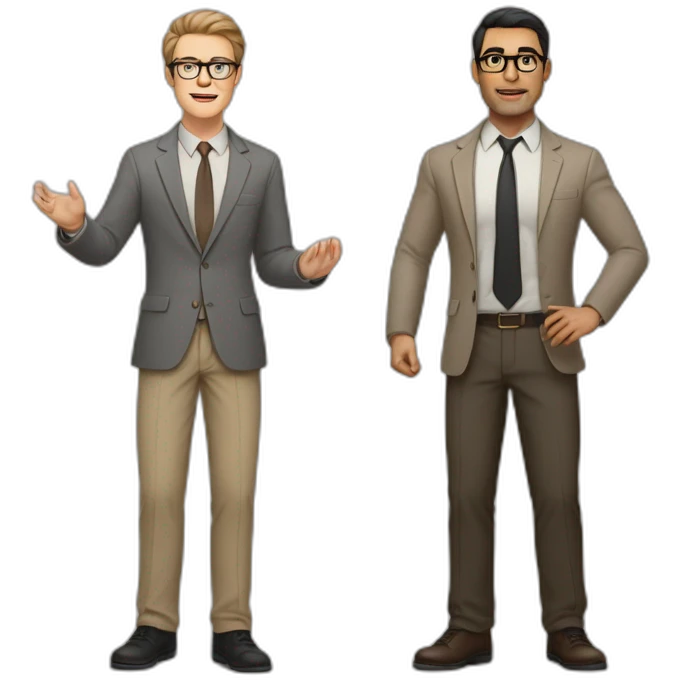 Full height Actively gesturing with hands Pale skinned black fit man with dark brown hair in gray jacket, beige office shirt, brown tie, brown pants and vintage glasses. emoji