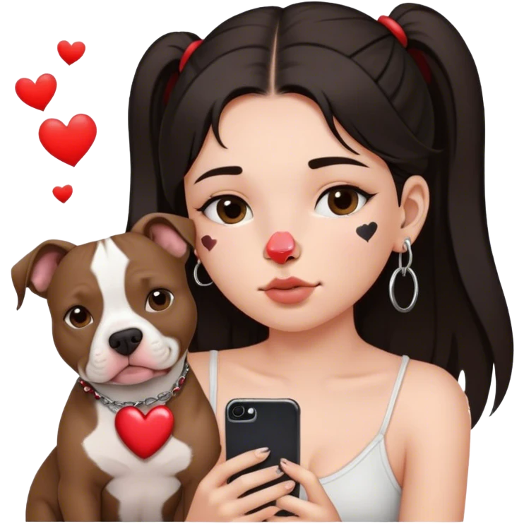 Young girl, with long dark hair,chop you around her face holds her phone sitting by her pitbull. She has a small septum ring in her nose and heart fly all around her. emoji