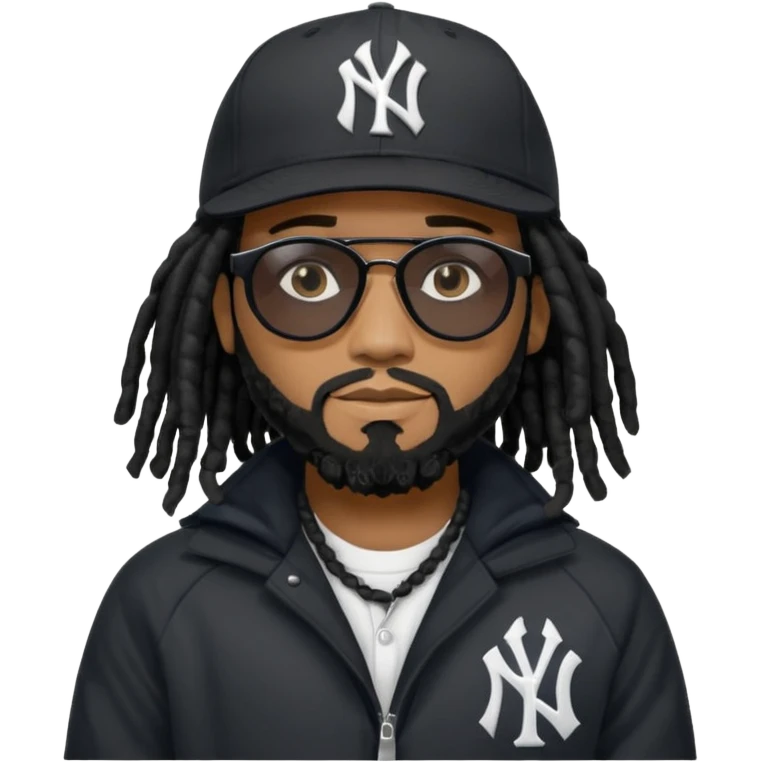 African American man with shoulder length black dreadlocks with black beard wearing black sunglasses wearing a black New York Yankees logo baseball cap wearing a black bubble winter coat with hands down emoji