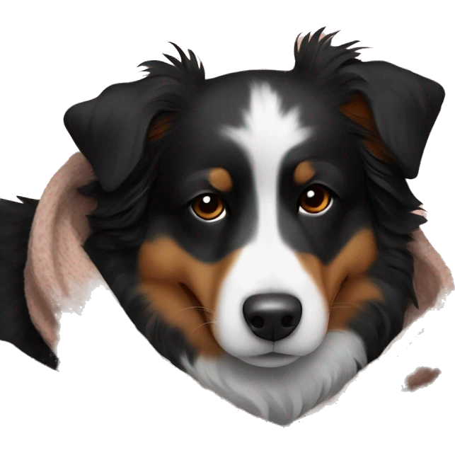 Small black australian shepherd dog sleeping with knit blanket  emoji