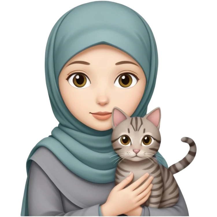 White girl wearing hijab holding a grey and tabby cat emoji