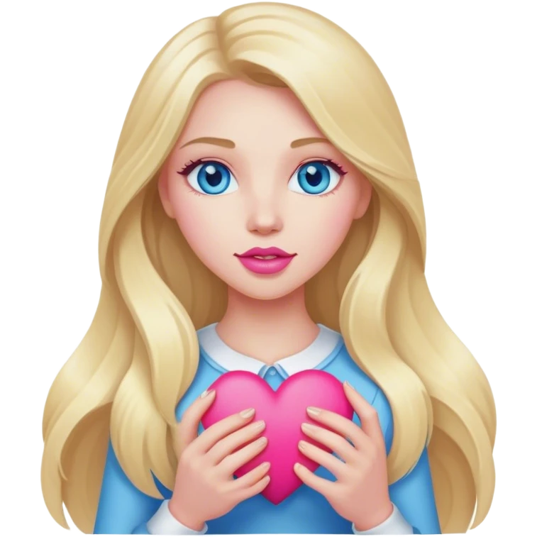 A realistic blonde with long hair and blue eyes and pink lips holds a heart in her hand emoji