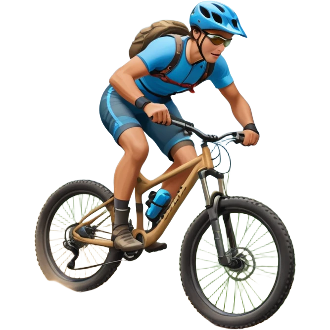 An icon featuring a mountain bike with thick tires on a rugged trail. A cyclist in a helmet rides downhill, kicking up dust. The background showcases a breathtaking mountain landscape with green slopes, rocky peaks, and a bright blue sky. Transparent background emphasizes adventure and speed emoji