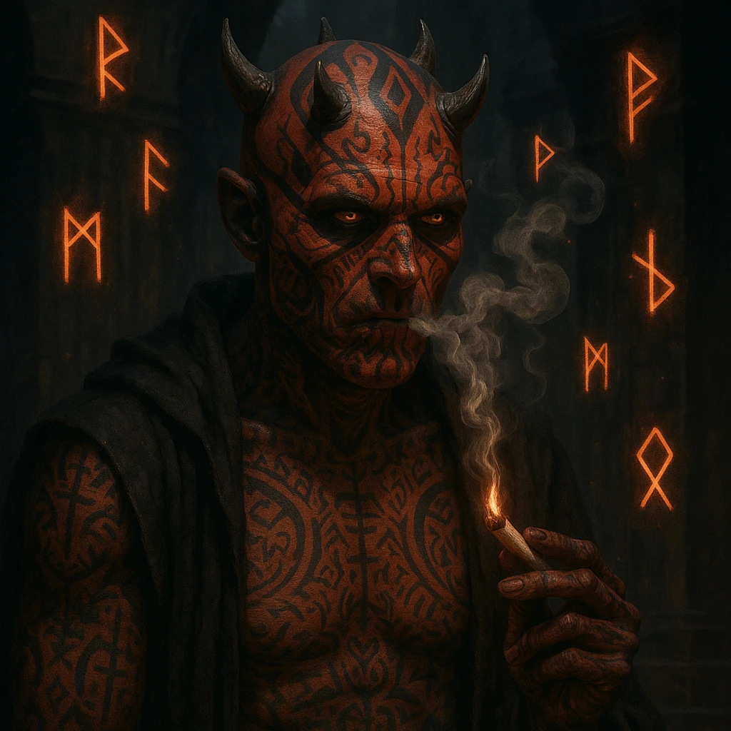 an ancient sith lord with mystical tattoos, smoking a joint, surrounded by floating runes, dark temple setting emoji