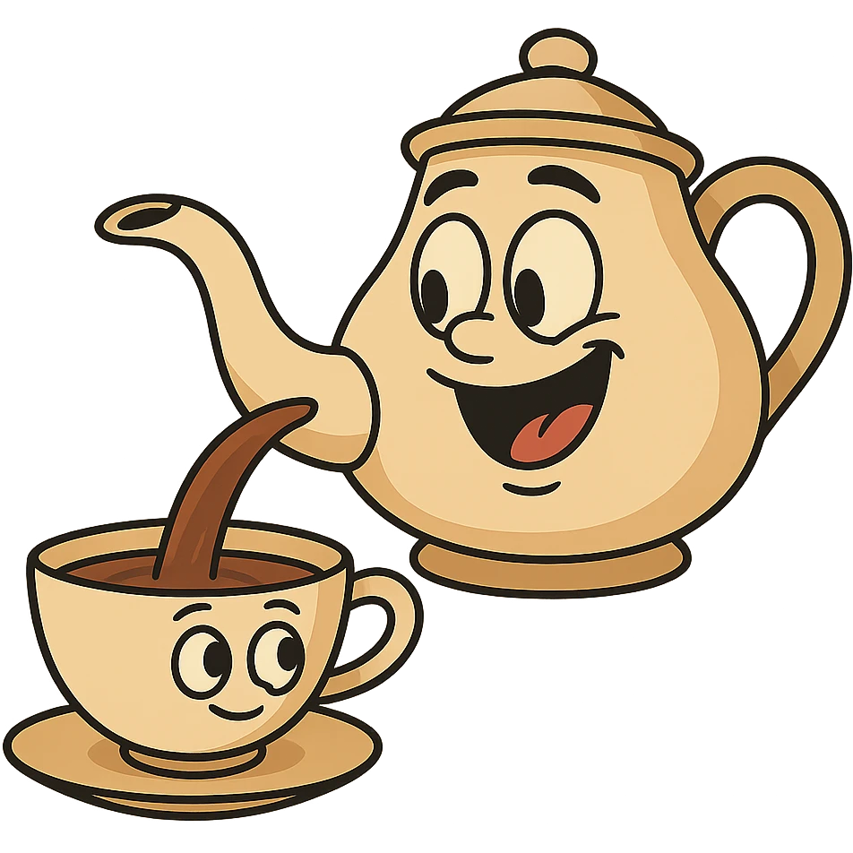 teapot pouring tea into a cup, warm and friendly, cartoon style emoji