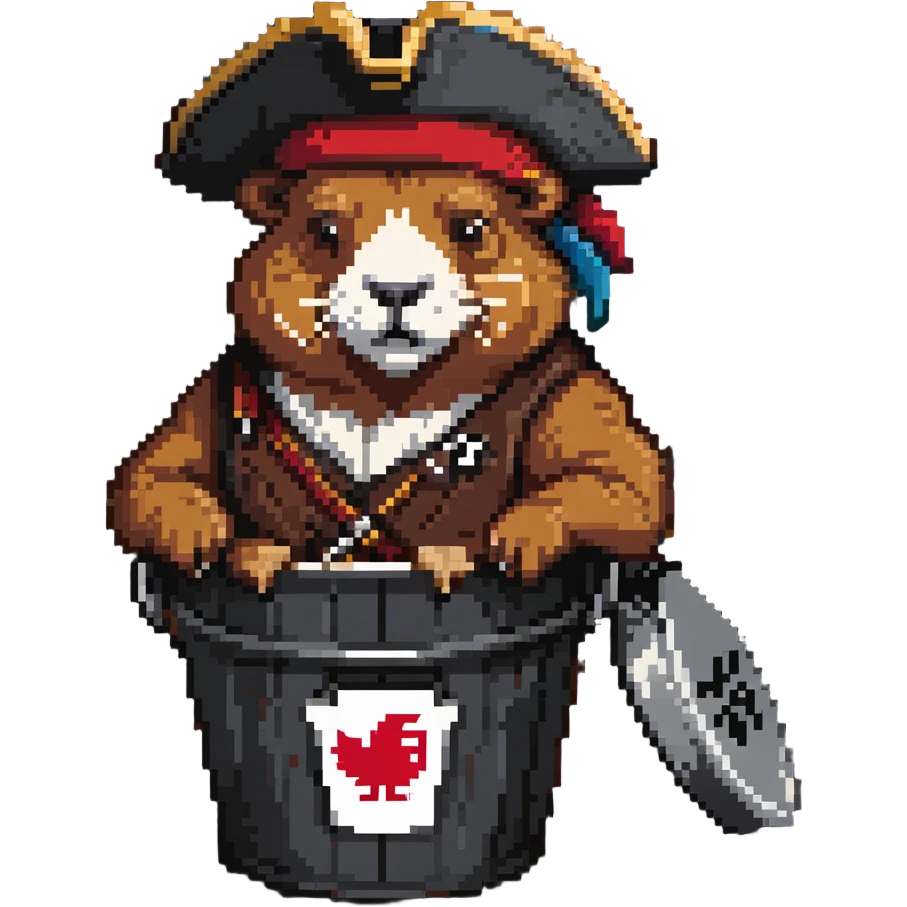 Muscular capybara with Johnny Depp features, goatee, Jack Sparrow style, sitting in a KFC bucket emoji
